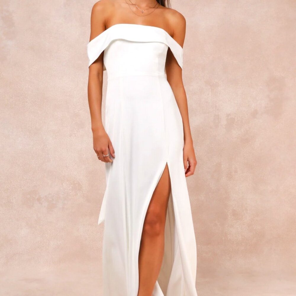 Bridal Lulus Off-the-Shoulder Satin Gown with Slit